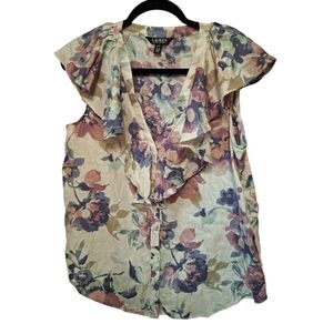 Ralph Lauren Black Label 100% Linen Colorful Floral Ruffle Sleeveless Blouse